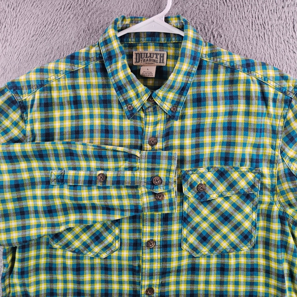 Duluth Trading Co Mens Large Plaid Button Down Shirt Teal Yellow Long Sleeve L